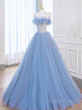 kamahe A-Line Tulle Lace Blue Long Prom Dress, Blue Lace Long Formal Dress