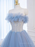 kamahe A-Line Tulle Lace Blue Long Prom Dress, Blue Lace Long Formal Dress