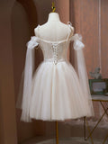 A Line Tulle Short Champagne Prom Dresses, Off Shoulder Lace Puffy Homecoming Dresses