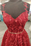 kamahe A Line V Neck and V Back Burgundy Lace Floral Long Prom Dress, Burgundy Lace Formal Evening Dress