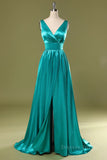 kamahe A Line V Neck and V Back Turquoise Long Prom Dress with Slit, Turquoise Formal Graduation Evening Dress