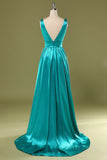 kamahe A Line V Neck and V Back Turquoise Long Prom Dress with Slit, Turquoise Formal Graduation Evening Dress