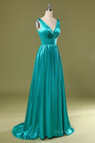 kamahe A Line V Neck and V Back Turquoise Long Prom Dress with Slit, Turquoise Formal Graduation Evening Dress