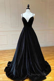 kamahe A Line V Neck Backless Black Velvet Long Prom Dresses, V Neck Black Formal Dresses, Black Velvet Evening Dresses