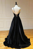 kamahe A Line V Neck Backless Black Velvet Long Prom Dresses, V Neck Black Formal Dresses, Black Velvet Evening Dresses