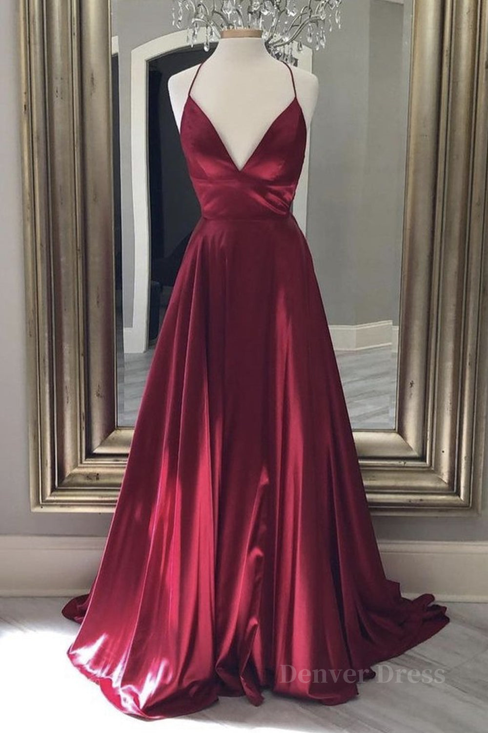 kamahe A Line V Neck Backless Burgundy Long Prom Dresses, Backless Burgundy Formal Graduation Evening Dresses