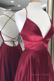 kamahe A Line V Neck Backless Burgundy Long Prom Dresses, Backless Burgundy Formal Graduation Evening Dresses