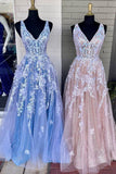 kamahe A Line V Neck Blue/Champagne Lace Floral Long Prom Dresses, Blue/Champagne Lace Formal Evening Dresses