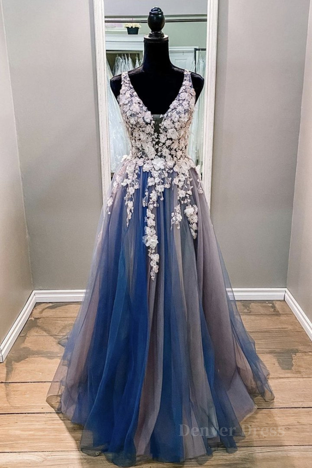 kamahe A Line V Neck Blue Lace Long Prom Dress, Long Blue Formal Evening Dress