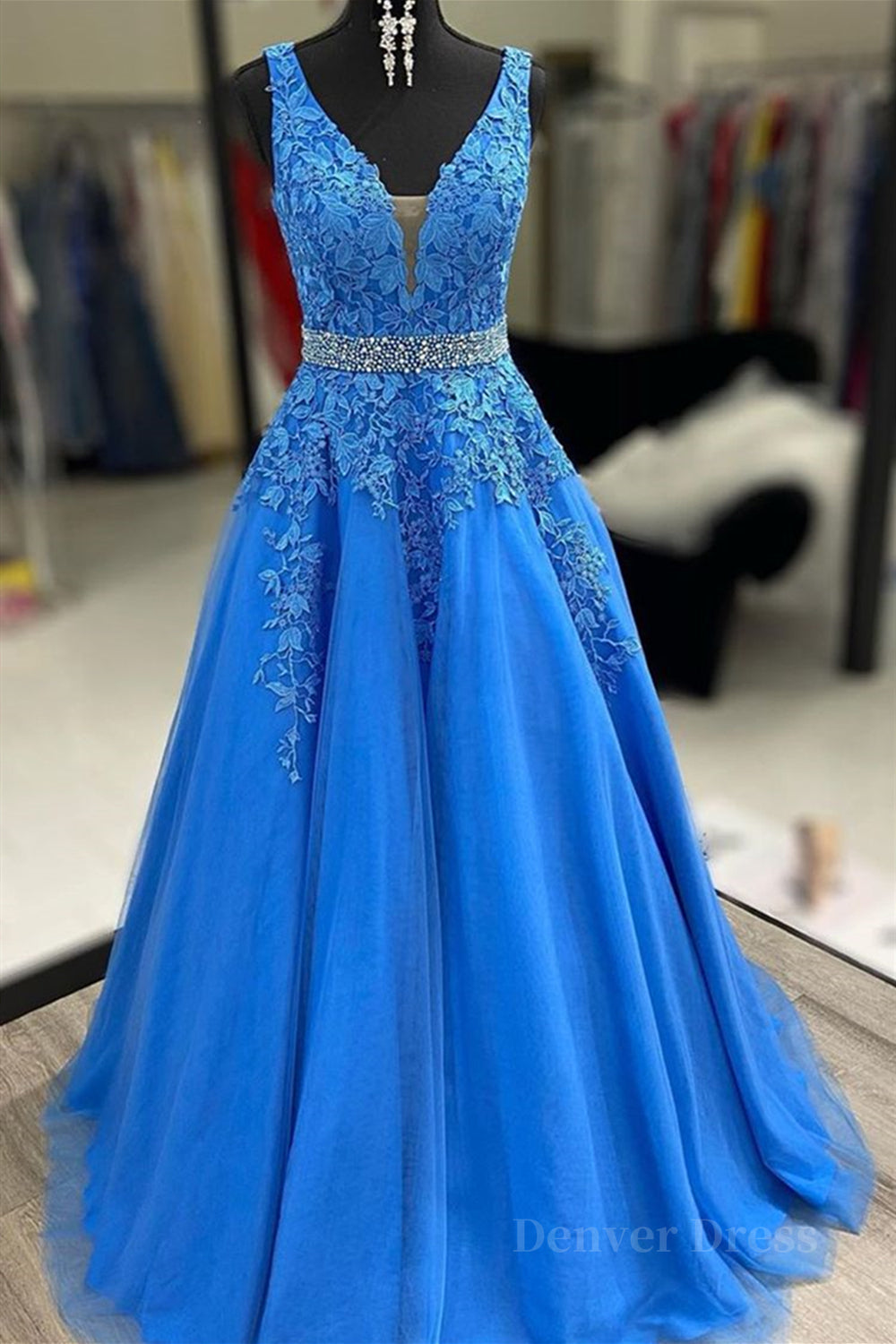 kamahe A Line V Neck Blue Lace Long Prom Dresses with Belt, Blue Lace Formal Evening Dresses