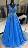 kamahe A Line V Neck Blue Lace Long Prom Dresses with Belt, Blue Lace Formal Evening Dresses