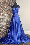 kamahe A Line V Neck Blue Long Prom Dress, V Neck Blue Formal Graduation Evening Dress