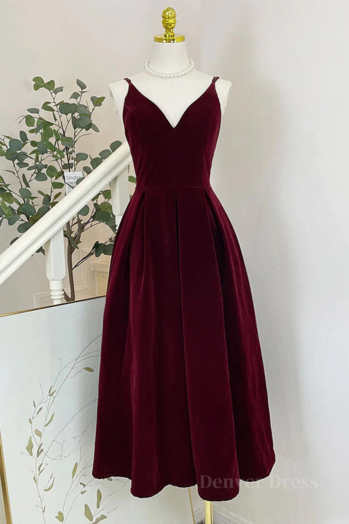 A Line V Neck Burgundy Black Tea Length Prom Dresses, Short Black Wine Red Formal Homecoming Dresses