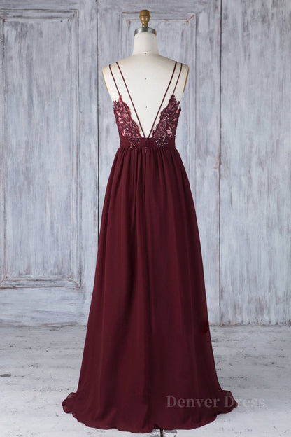 kamahe A Line V Neck Burgundy Chiffon Long Prom Dress with Lace Back, V Neck Lace Back Burgundy Formal Graduation Evening Dress