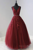 kamahe A Line V Neck Burgundy Lace Prom Dresses, Burgundy Lace Formal Dresses, Burgundy Evening Dresses