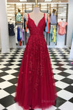 kamahe A Line V Neck Burgundy Lace Prom Dresses, Wine Burgundy Lace Formal Evening Dresses