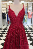 kamahe A Line V Neck Burgundy Lace Prom Dresses, Wine Burgundy Lace Formal Evening Dresses