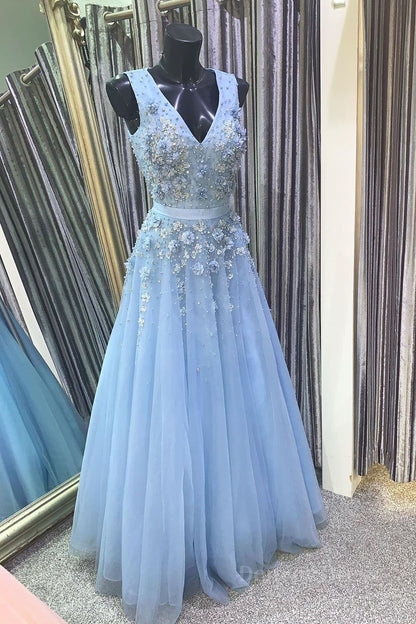 kamahe A Line V Neck Floral Light Blue Lace Long Prom Dress, Light Blue Lace Formal Graduation Evening Dress