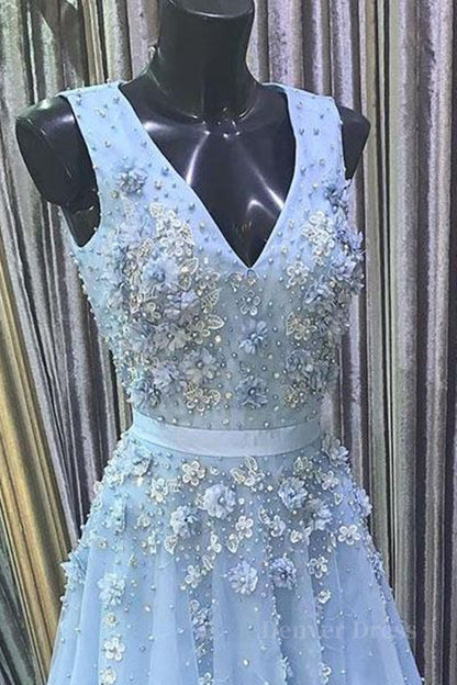 kamahe A Line V Neck Floral Light Blue Lace Long Prom Dress, Light Blue Lace Formal Graduation Evening Dress