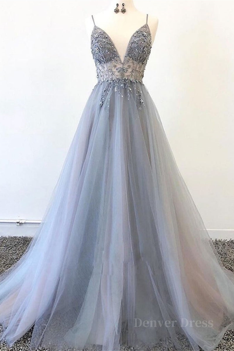 kamahe A Line V Neck Grey Beaded Long Prom Dress with Split, Grey Beaded Formal Graduation Evening Dress