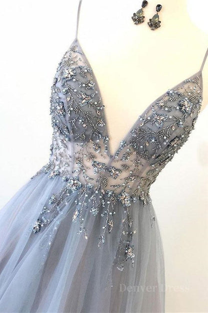 kamahe A Line V Neck Grey Beaded Long Prom Dress with Split, Grey Beaded Formal Graduation Evening Dress