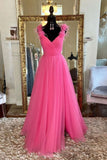 kamahe A Line V Neck Hot Pink Tulle Long Prom Dress with Slit, Hot Pink Formal Graduation Evening Dress