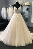 kamahe A Line V Neck Light Champagne Lace Prom Dresses, Light Champagne Lace Wedding Formal Dresses