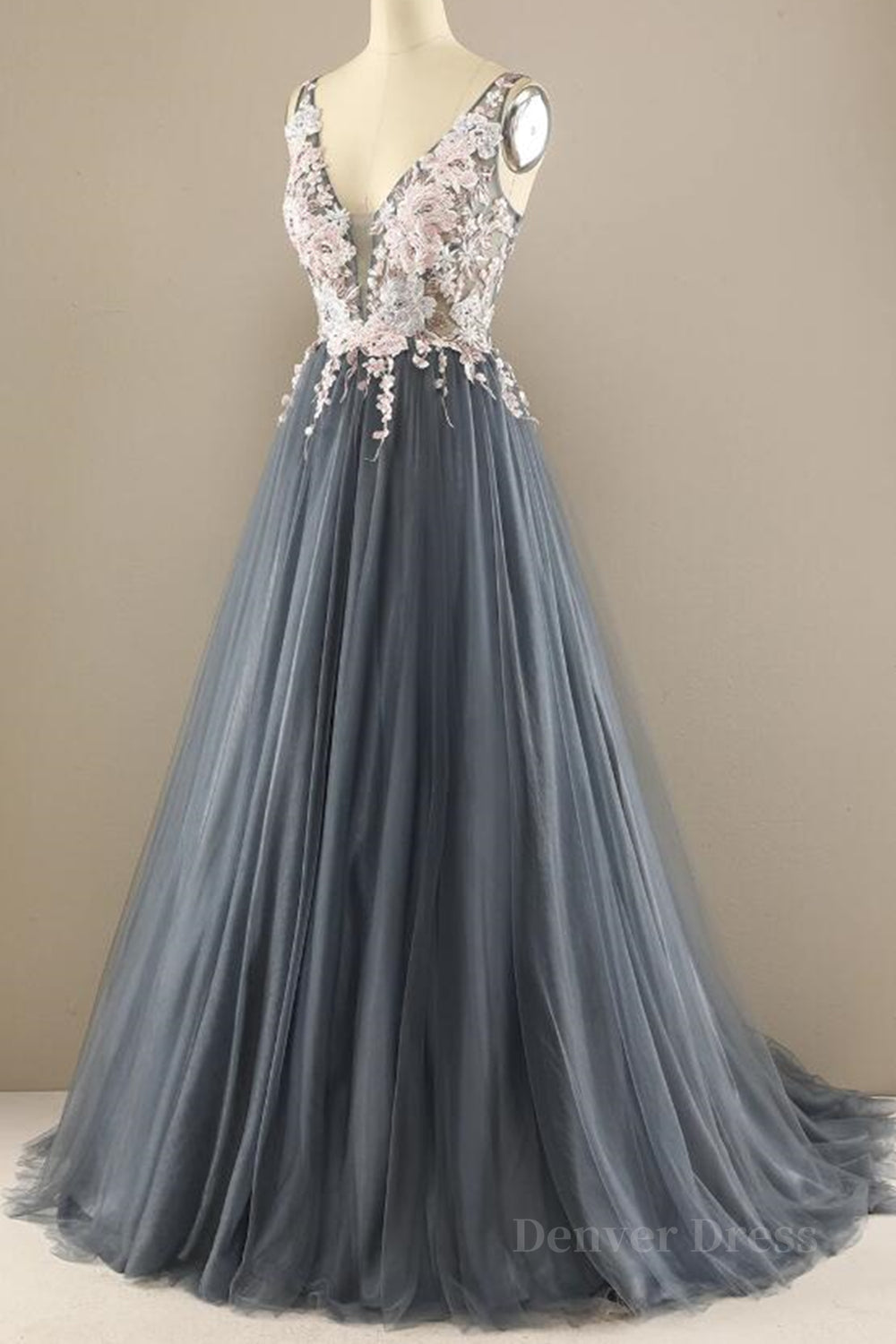 kamahe A Line V Neck Open Back Appliques Gray Long Prom Dresses, V Neck Grey Formal Dresses, Gray Evening Dresses