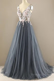 kamahe A Line V Neck Open Back Appliques Gray Long Prom Dresses, V Neck Grey Formal Dresses, Gray Evening Dresses