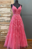 kamahe A Line V Neck Open Back Beaded Hot Pink Lace Long Prom Dresses, Hot Pink Lace Formal Graduation Evening Dresses