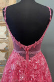 kamahe A Line V Neck Open Back Beaded Hot Pink Lace Long Prom Dresses, Hot Pink Lace Formal Graduation Evening Dresses