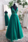 kamahe A Line V Neck Open Back Green Floral Long Prom Dresses, Open Back Green Formal Evening Dresses