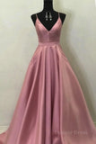 kamahe A Line V Neck Open Back Pink Satin Long Prom Dresses, Open Back Pink Formal Graduation Evening Dresses