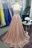 kamahe A Line V Neck Pink Lace Long Prom Dresses, V Neck Pink Formal Dresses, Pink Lace Evening Dresses