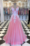 kamahe A Line V Neck Pink Long Prom Dress with Lace Appliques, V Neck Pink Formal Dress, Pink Evening Dress