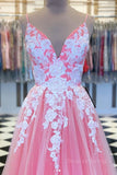 kamahe A Line V Neck Pink Long Prom Dress with Lace Appliques, V Neck Pink Formal Dress, Pink Evening Dress