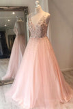 kamahe A Line V Neck Sequins Pink Long Prom Dress, Pink Formal Graduation Evening Dress