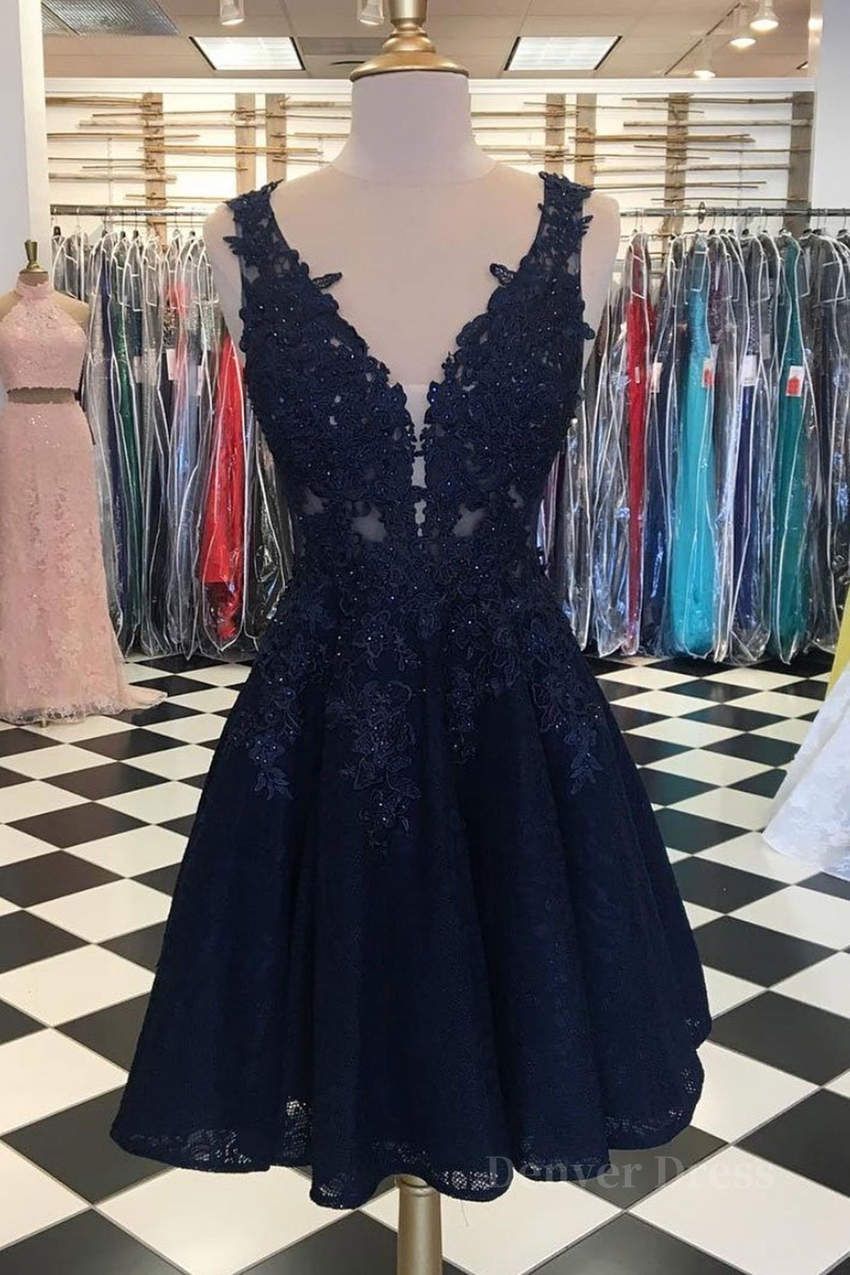 A Line V Neck Short Dark Navy Blue Lace Prom Dresses, Dark Navy Blue Lace Homecoming Graduation Dresses