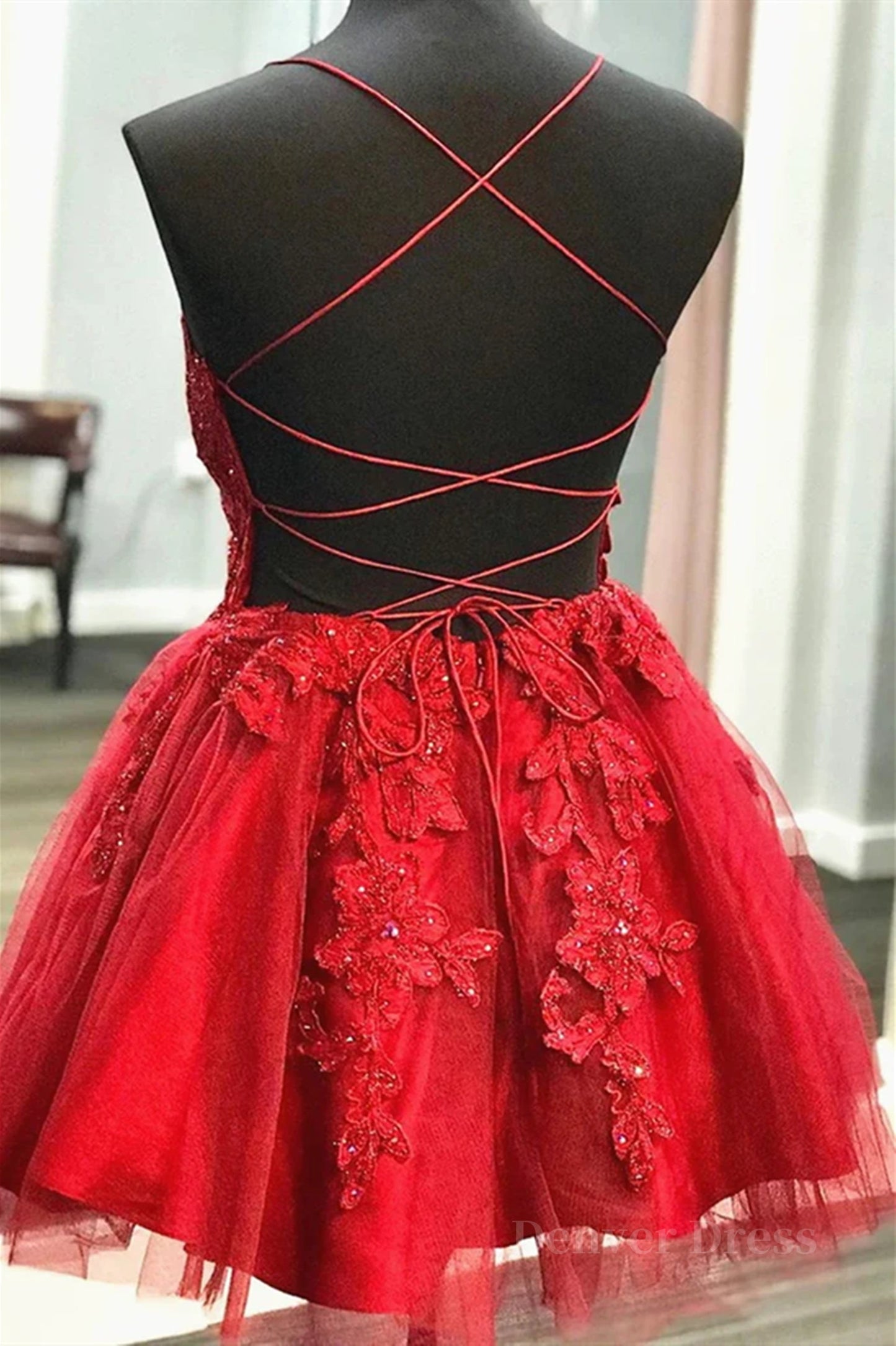 A Line V Neck Short Red Lace Prom Dresses, Short Red Lace Formal Homecoming Dresses