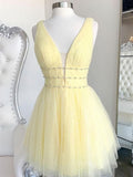 A Line V Neck Short Yellow Prom Dresses, Short V Neck Yellow Formal Homecoming Dresses