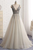 kamahe A Line V Neck Silver Gray Long Prom Dresses, Silver Grey Beaded Long Formal Evening Dresses