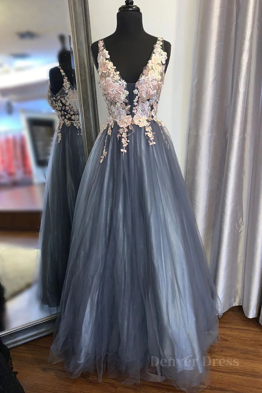 kamahe A Line V Neck Smoke Blue Long Prom Dress with Lace Appliques, Floral Smoke Blue Formal Graduation Evening Dress