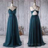 kamahe A Line V Neck Spaghetti Strap Peacock Blue Chiffon Long Prom Dress, V Neck Peacock Blue Formal Dress Graudation Evening Dress, Peacock Blue Bridesmaid Dress