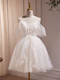 A-Line V Neck Tulle Short Beige Prom Dress, Cute Beige Homecoming Dress