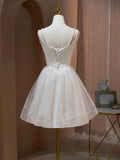 A Line v neck tulle Short Beige Prom Dresses, Cute Puffy Beige Homecoming Dresses With Beading