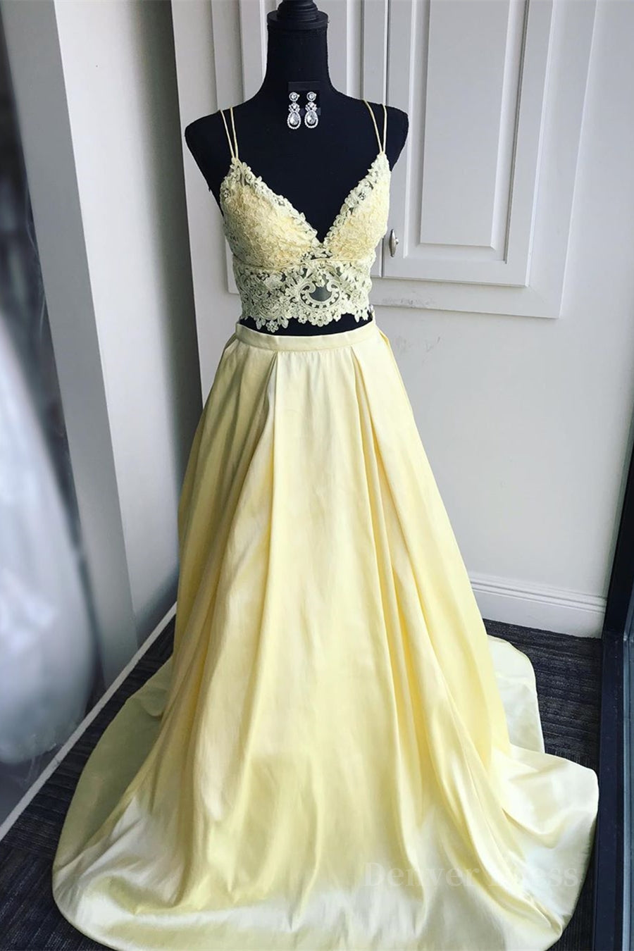 kamahe A Line V Neck Two Pieces Lace Top Yellow Prom Dress, Two Pieces Yellow Formal Dress, Yellow Lace Evening Dress