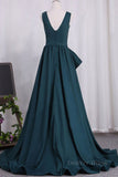 kamahe A Line V Neck V Back Green Satin Long Prom Dresses, Long Green Formal Evening Dresses