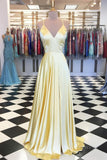 kamahe A Line V Neck Yellow Long Prom Dresses, Yellow Long Backless Formal Evening Dresses