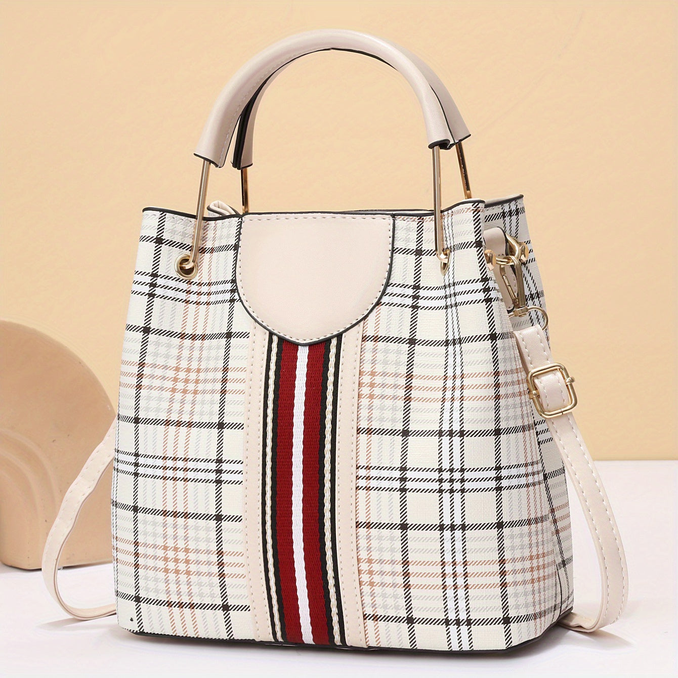 solvbao  Fashion Plaid Bucket Bag, PU Leather Zipper Handbag, Perfect Shoulder Bag For Dating And Shopping