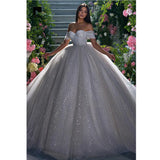 Shining Off Shoulder Sequined Ball Gown Wedding Dress Pleat Puffy Skirt Bridal Gown Sparkly Princess Arabic Dubai Vestido De Mairage